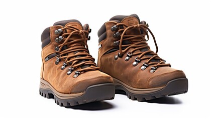 Sturdy hiking boots isolated on white background