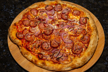 Traditional pepperoni pizza, true Neapolitan pizza. Vera pizza