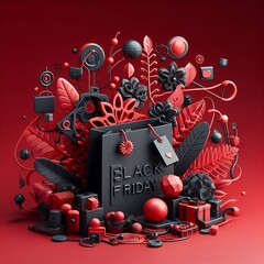 Black Friday Creative concept. 3d design with shopping bag and elements red decoration with space for copy created with generative ai