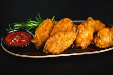 Fast food. Breaded chicken nuggets.Chicken wings fried until half cooked, semi-finished product.Semi-finished chicken wings on a dark background with fresh herbs. Half-finished.Quick cooking at home