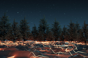 3D rendering of a snow covered glittering ground at night illuminated by light trails