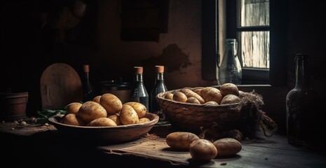 Rustic table with fresh potatoes and painting in vintage interior.