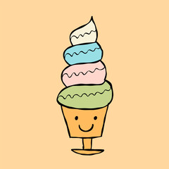 Ice cream character. Kawaii style icons with black outline