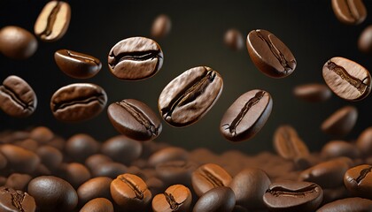 Coffee beans floating in the air on a dark background.