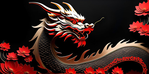 2024 Chinese new year animal chinese dragon on elegant black background with red flowers. Elegant Chinese new year banner with copy space. - obrazy, fototapety, plakaty