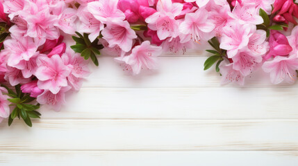Obraz na płótnie Canvas Azaleas on Wooden Background, Beautiful Flowers, Spring Floral, Copy Space. Generative AI