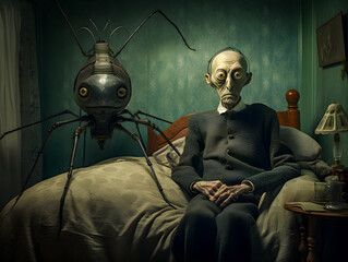 Metamorphosis of a Man with Insect Head - AI Art