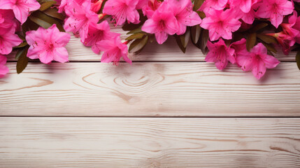Fototapeta na wymiar Azaleas on Wooden Background, Beautiful Flowers, Spring Floral, Copy Space. Generative AI