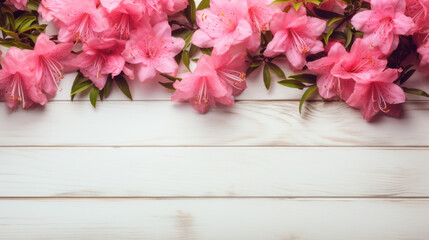 Azaleas on Wooden Background, Beautiful Flowers, Spring Floral, Copy Space. Generative AI