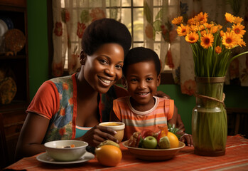 A black American mother eats breakfast with her son