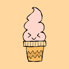 Ice cream character. Kawaii style icons with black outline