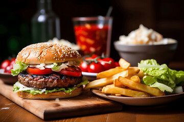 Hamburguesa con patatas y cerveza o refresco