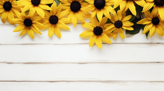 Black-Eyed Susans on Wooden Background, Beautiful Flowers, Summer Floral, Copy Space. Generative AI
