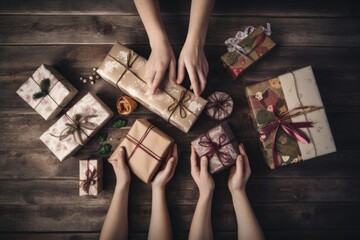 Handmade DIY Christmas presents, Hands wrapping gifts, Festive Holiday, Family Time, Merry, Decoration, Celebrating, Birthday, Donate, Love, Party, Joyful Moments, Giving gifts, sustainable Packaging