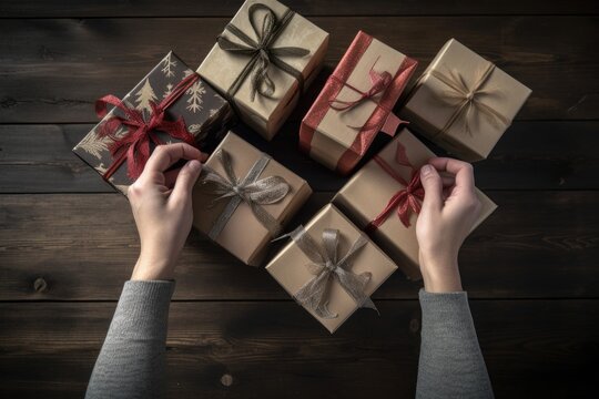 Person holding gift boxes, Handmade DIY Christmas presents, Hands wrapping gifts, Festive Holiday, Family Time, Merry, Decoration, Celebrating, Birthday, Donate, Love, Party, Joyful Moments, Giving gi