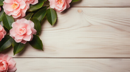 Camellias on Wooden Background, Beautiful Flowers, Spring Floral, Copy Space. Generative AI