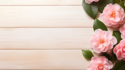 Fototapeta na wymiar Camellias on Wooden Background, Beautiful Flowers, Spring Floral, Copy Space. Generative AI