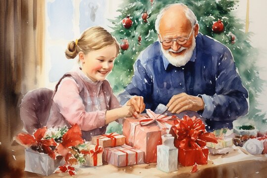Grandma wrapping christmas presents and grandpa decorating the christmas tree, realistic watercolor, cheerful and bright, christmas theme, generative ai