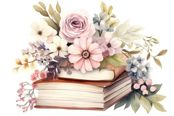 Cute watercolor stack of books with flowers in pastel colors isolated on white background. Perfect for cozy corners, bookshops, libraries, reading-themed decor, festive card, leaflet, scrapbooking