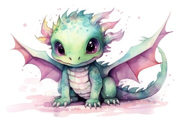 Watercolor Dragon. Cute cartoon fairy tale baby dragon with open wings smiles. Illustration with pastel colors isolated on white background. Perfect for fantasy book covers, postcards, scrapbooking