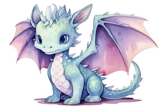 Watercolor Dragon. Cute cartoon fairy tale baby dragon with open wings smiles. Illustration with pastel colors isolated on white background. Perfect for fantasy book covers, cards, scrapbooking