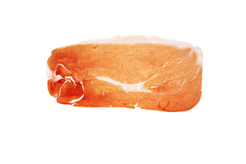 Thin slice of Spanish jamon serrano isolated transparent png. Slice of ham. Dry cured uncooked leg of pork. Preserved meat.