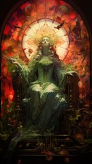 Stained glass window depicts the queen in a throw Ai generated art