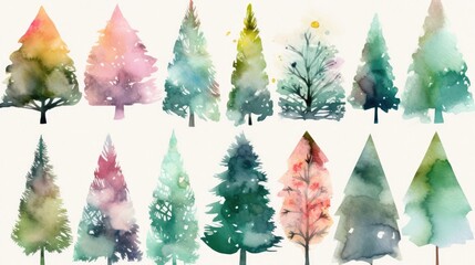 Set of christmas trees in the forest with snow, Christmas tree and decorations. Watercolor painting, multicolored drawed drawing art, brushed out motley bright xmas card winter drawing, fir and pines