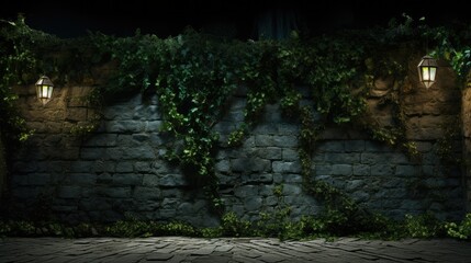 Enchanting 1830s French Stone Wall Covered in Hanging Ivy: A Timeless Beauty - obrazy, fototapety, plakaty