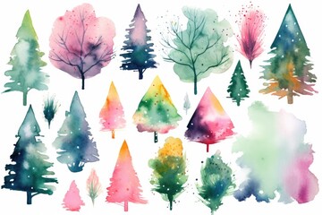 Christmas tree and decorations. Watercolor painting, multicolored drawed drawing art, brushed out motley bright xmas card winter drawing, fir and pines dry brush bleached water color design, glazing - obrazy, fototapety, plakaty