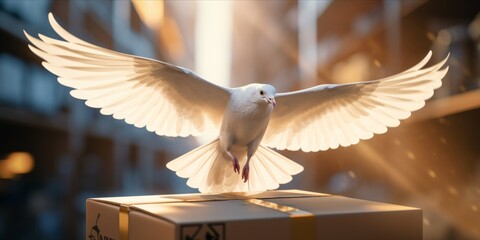 Package in Flight, Adorned with White Wings, Embarking on a Seamless Journey of Delivery, Symbolizing Effortless Air Transportation in Logistic Excellence