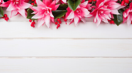 Christmas Cactus on Wooden Background, Beautiful Flowers,  Winter Floral, Copy Space. Generative AI