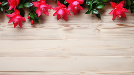 Christmas Cactus on Wooden Background, Beautiful Flowers,  Winter Floral, Copy Space. Generative AI