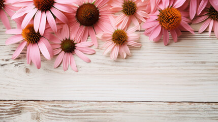 Coneflowers (Echinacea) on Wooden Background, Beautiful Flowers,  Summer Floral, Copy Space. Generative AI