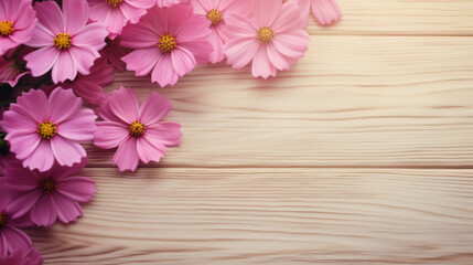 Cosmos on Wooden Background, Beautiful Flowers,  Summer Floral, Copy Space. Generative AI