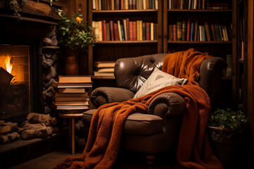 Fototapeta na wymiar Cozy reading nook, complete with a comfortable chair, a warm blanket, and a bookshelf filled with a variety of genres