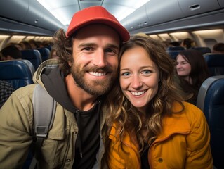 Couple taking a selfie on top of a plane.