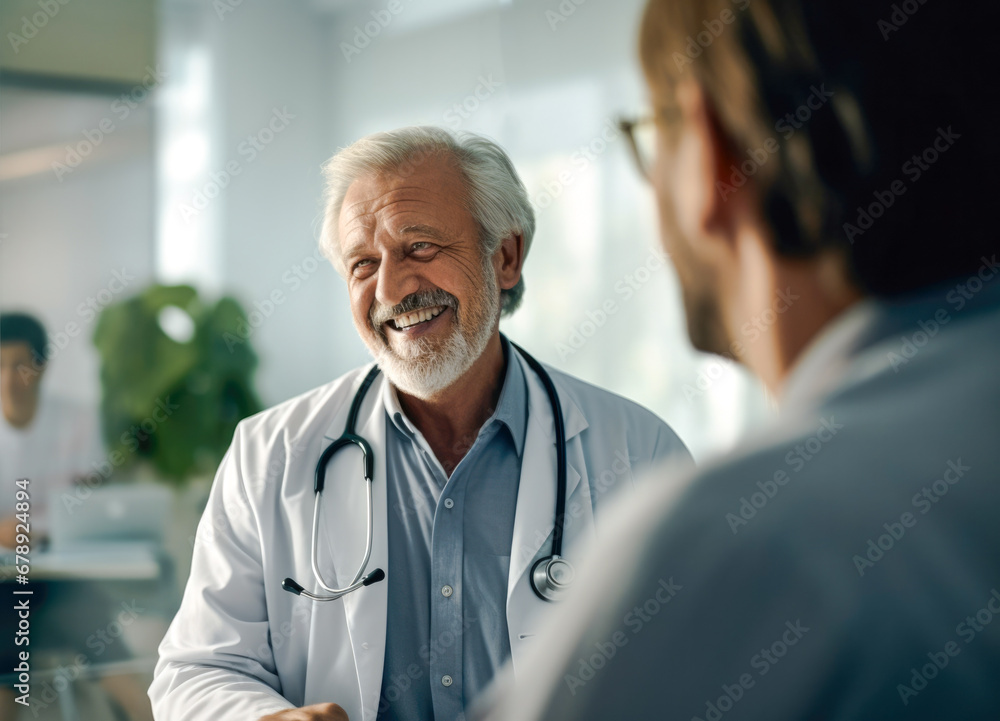 Wall mural elderly male doctor with a joyful smile meeting his patient at the clinic