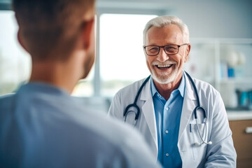 Elderly male doctor with a joyful smile meeting his patient at the clinic
