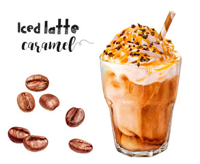 Watercolor illustration of iced latte caramel with coffee beans close-up. Design template for packaging, menu, postcards. PNG