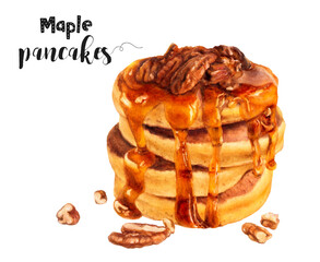 Watercolor illustration of maple pancakes dessert close up. Design template for packaging, menu, postcards. PNG