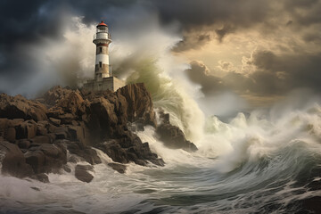 Fototapeta na wymiar Coastal scene, waves crashing against rugged cliffs, lighthouse stands tall against the backdrop of a dramatic, stormy sky, conveying the power and beauty of the sea