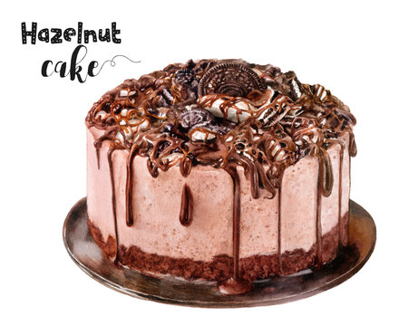 Watercolor illustration of hazelnut cake dessert close up. Design template for packaging, menu, postcards. PNG