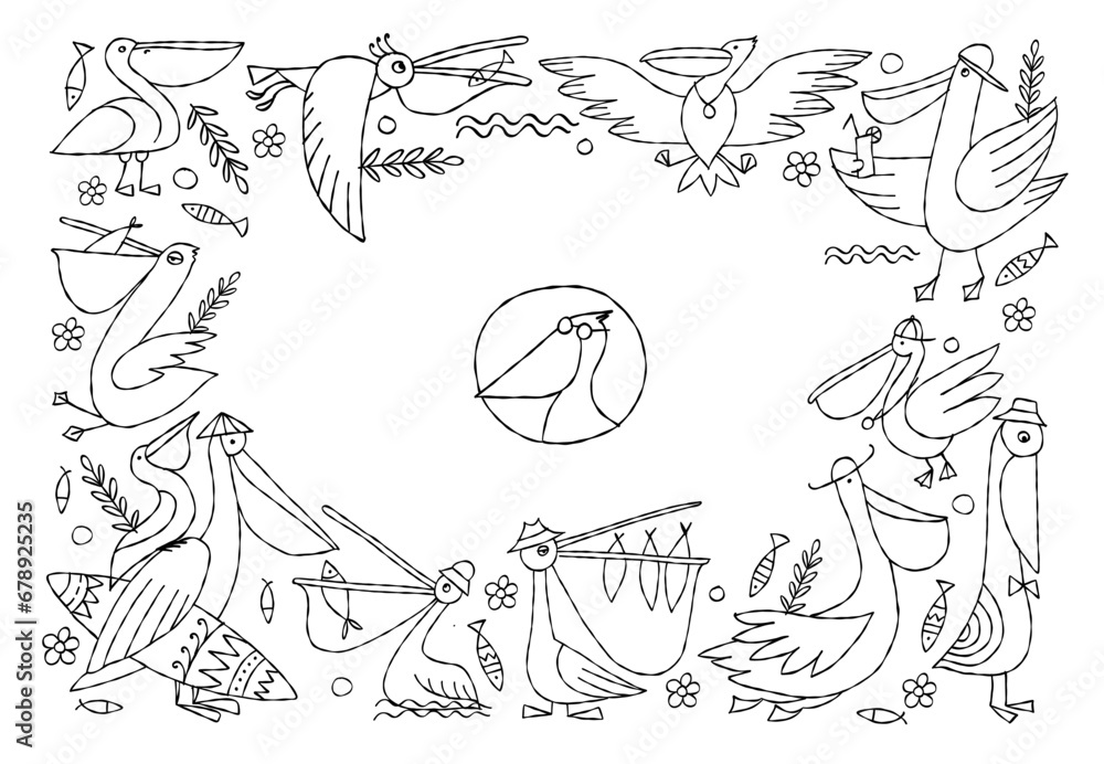 Poster Pelicans family. Funny characters. Horizontal frame with place for your text. Colouring page. Background for your design - cards, print, banners etc