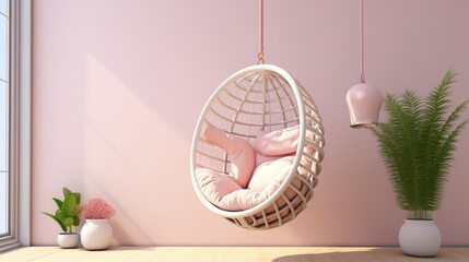 Beautiful hanging chair with pink decor. Comfortable hammock chair in stylish room
