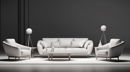 Composition with sofa and armchairs. Creative composition of living room interior. generative ai