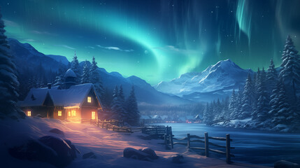 Magical winter wonderland with snow-covered pine trees, a charming village, and the soft glow of northern lights dancing in the sky - obrazy, fototapety, plakaty