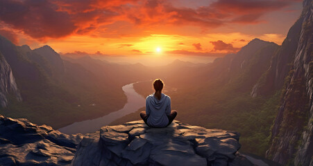 yoga meditation on a cliff edge with sunset. AI generated. - obrazy, fototapety, plakaty