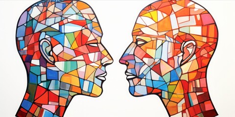 Abstract Artistry with the Outline of Two Male Heads, Each Filled with Blocks, Isolated on a White Background, Symbolizing Brainpower, Thinking, and Artistic Invention