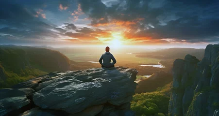 Tuinposter yoga meditation on a cliff edge with sunset. AI generated. © RZ